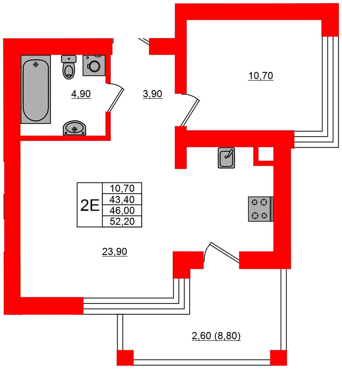 Квартира в ЖК Парковый, 1 комнатная, 46 м², 1 этаж
