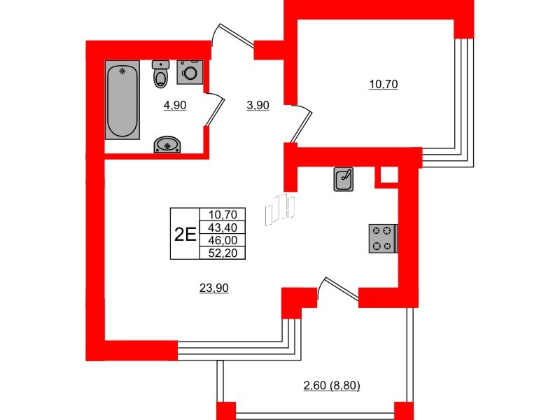 Квартира в ЖК Парковый, 1 комнатная, 46 м², 4 этаж