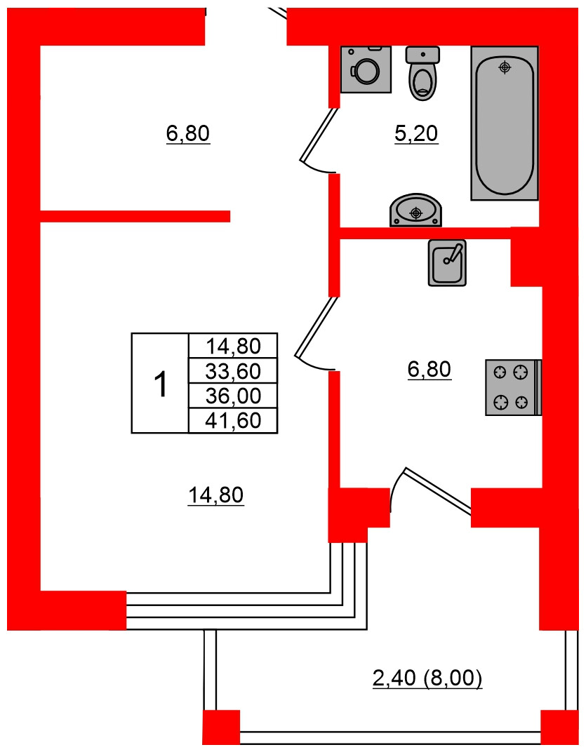Квартира в ЖК Парковый, 1 комнатная, 36 м², 4 этаж