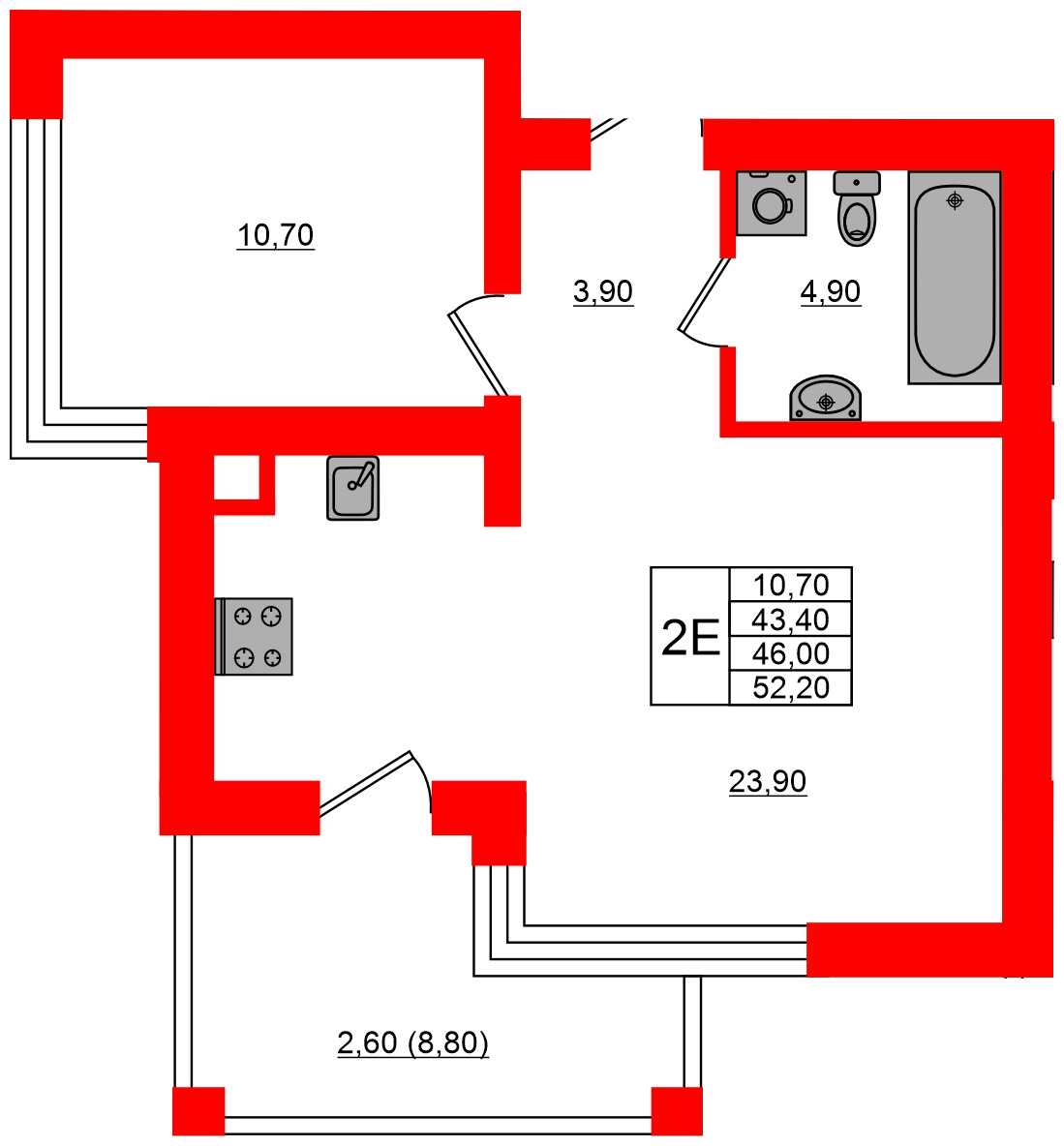 Квартира в ЖК Парковый, 1 комнатная, 46 м², 1 этаж