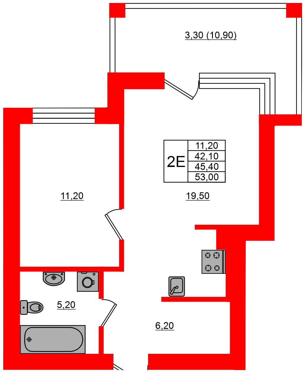 Квартира в ЖК Парковый, 1 комнатная, 45.4 м², 1 этаж