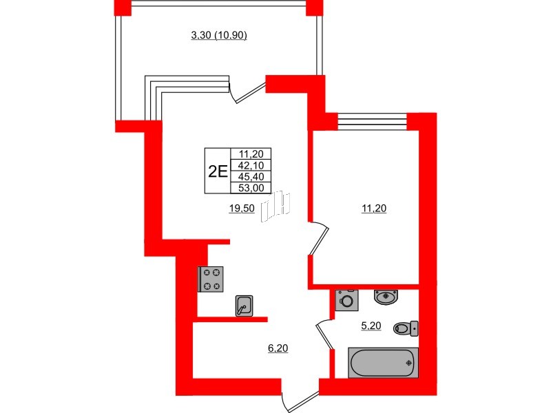 Квартира в ЖК Парковый, 1 комнатная, 45.4 м², 5 этаж