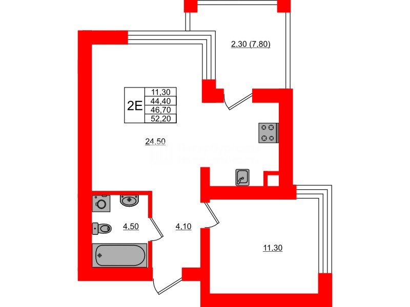 Квартира в ЖК Парковый, 1 комнатная, 46.7 м², 4 этаж