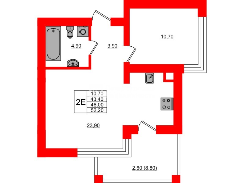 Квартира в ЖК Парковый, 1 комнатная, 46 м², 1 этаж