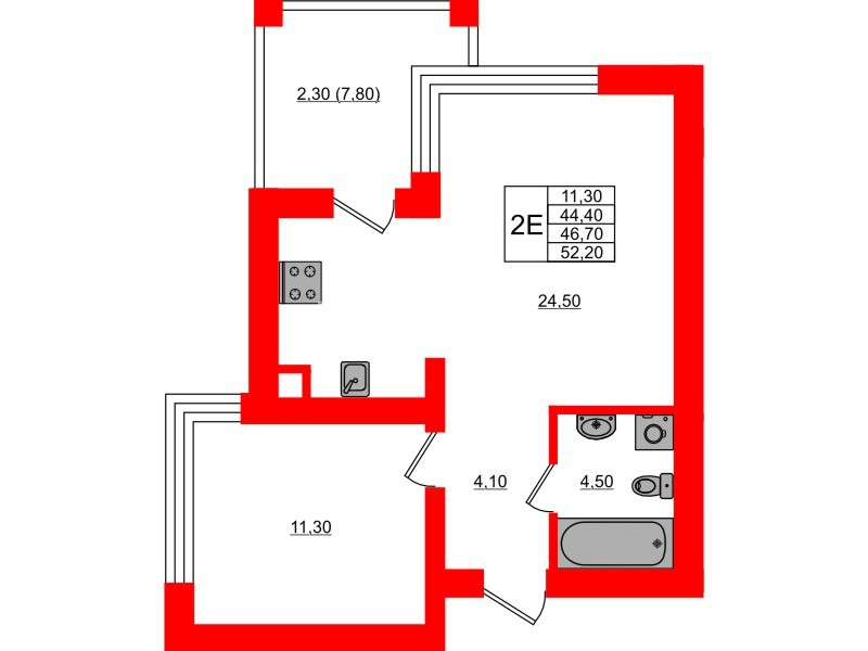 Квартира в ЖК Парковый, 1 комнатная, 46.7 м², 1 этаж