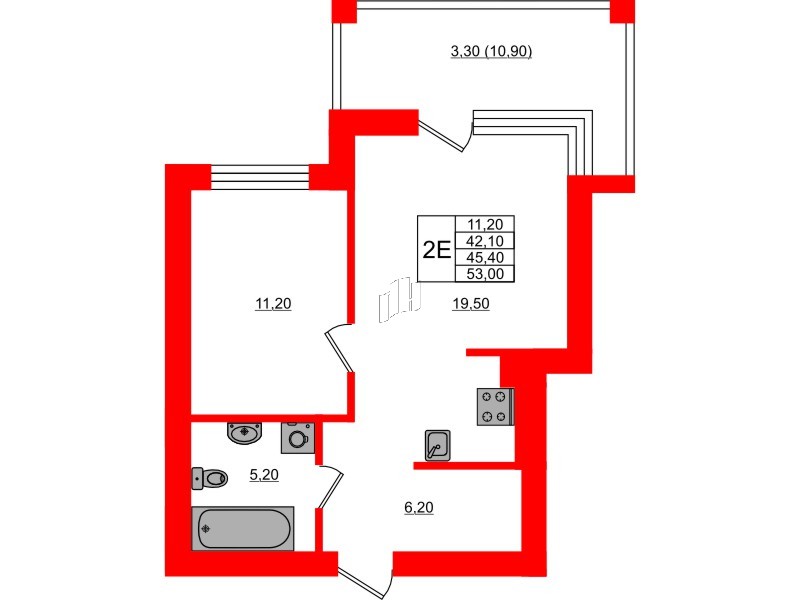 Квартира в ЖК Парковый, 1 комнатная, 45.4 м², 2 этаж