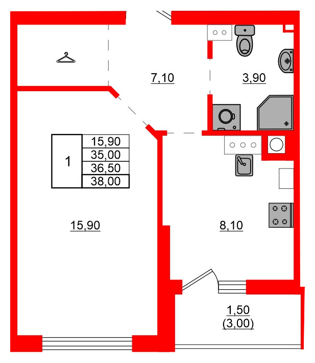 Квартира в ЖК Левада, 1 комнатная, 36.5 м², 9 этаж