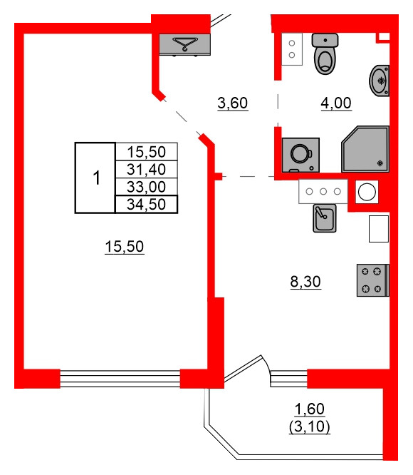 Квартира в ЖК Левада, 1 комнатная, 33 м², 2 этаж