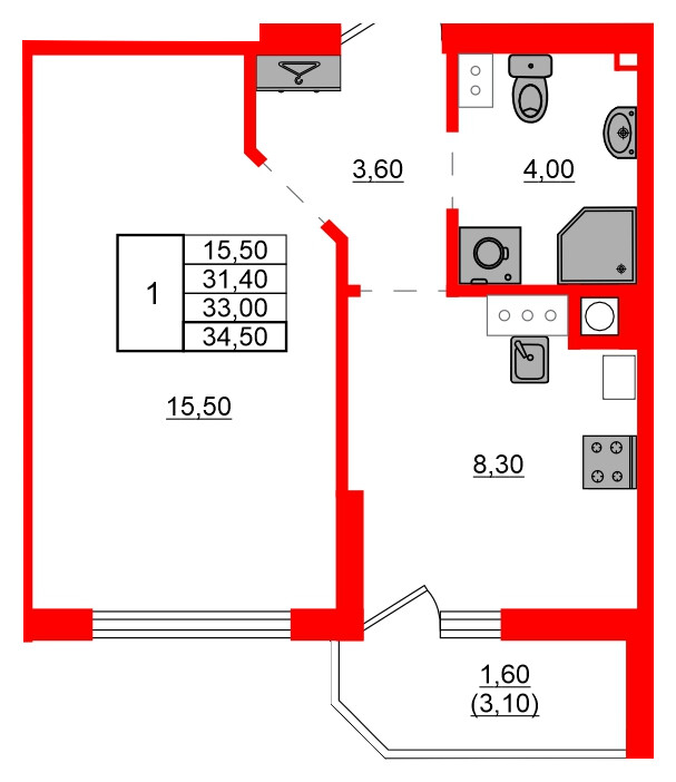 Квартира в ЖК Левада, 1 комнатная, 33 м², 9 этаж