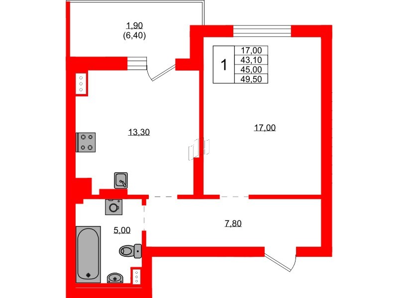 Квартира в ЖК Васильки, 1 комнатная, 45 м², 8 этаж