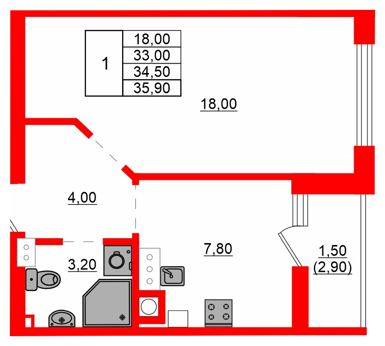 Квартира в ЖК Левада, 1 комнатная, 34.5 м², 2 этаж