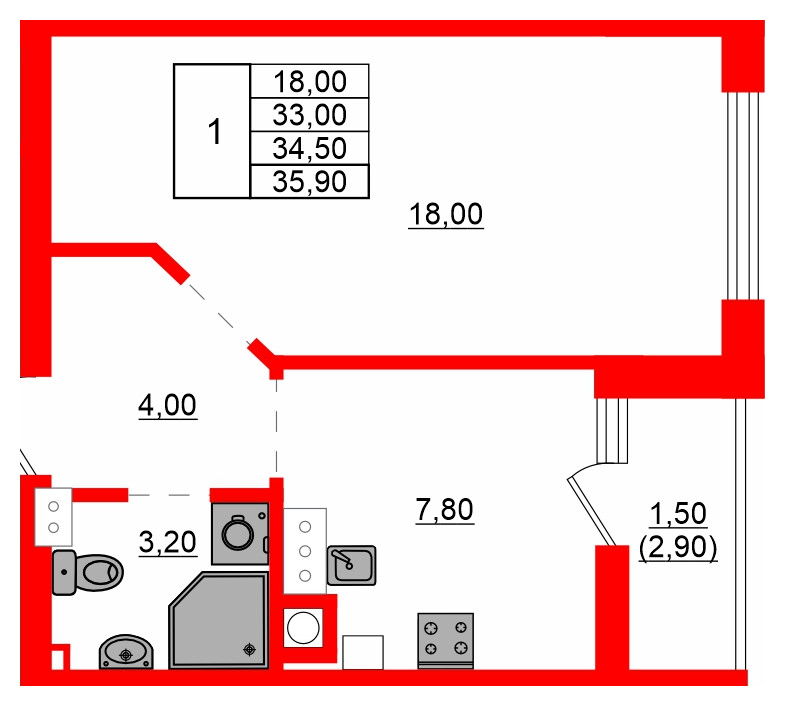 Квартира в ЖК Левада, 1 комнатная, 34.5 м², 4 этаж