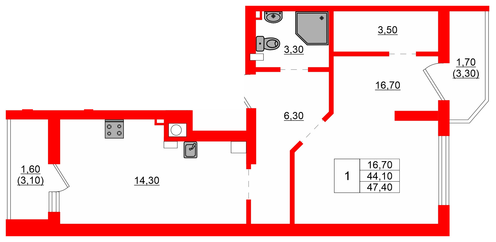 Квартира в ЖК Левада, 1 комнатная, 44.1 м², 1 этаж