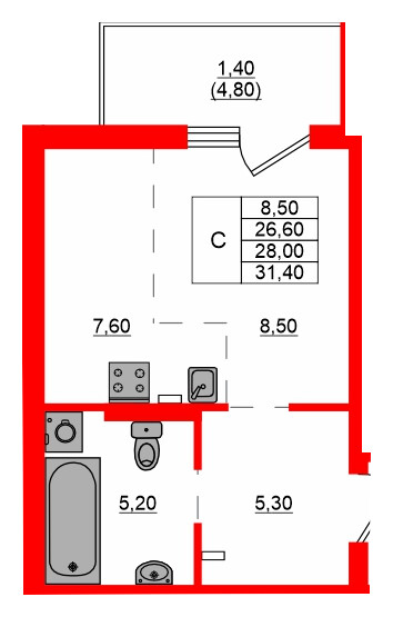 Квартира в ЖК Левада, студия, 28 м², 1 этаж