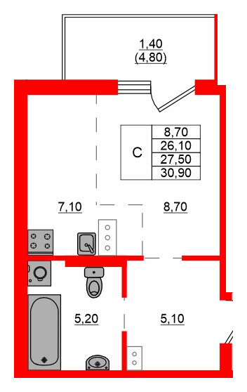 Квартира в ЖК Левада, студия, 27.5 м², 5 этаж