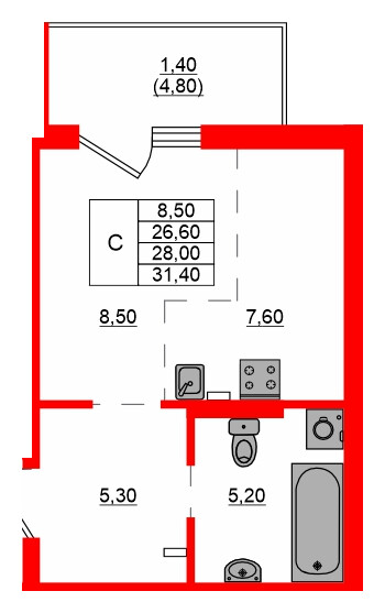 Квартира в ЖК Левада, студия, 28 м², 1 этаж