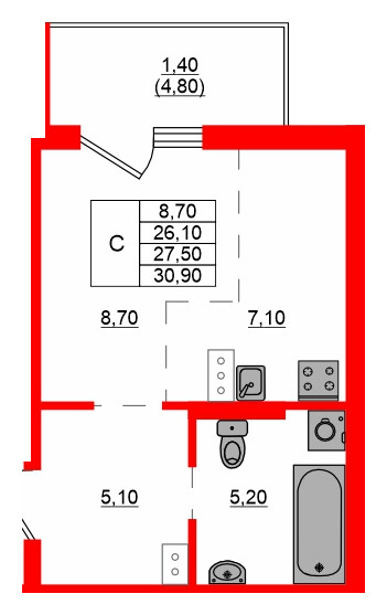 Квартира в ЖК Левада, студия, 27.5 м², 2 этаж