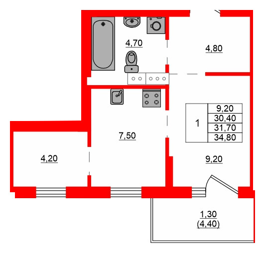 Квартира в ЖК Левада, 1 комнатная, 31.7 м², 9 этаж