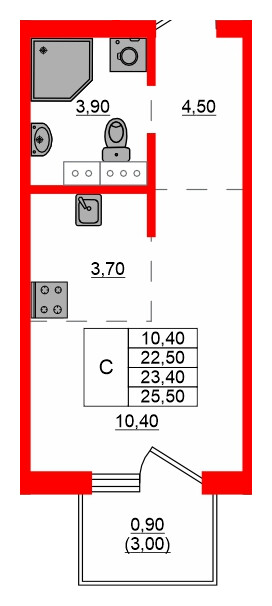 Квартира в ЖК Левада, студия, 23.4 м², 2 этаж