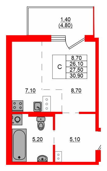 Квартира в ЖК Левада, студия, 27.5 м², 5 этаж