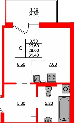 Квартира в ЖК Левада, студия, 28 м², 1 этаж