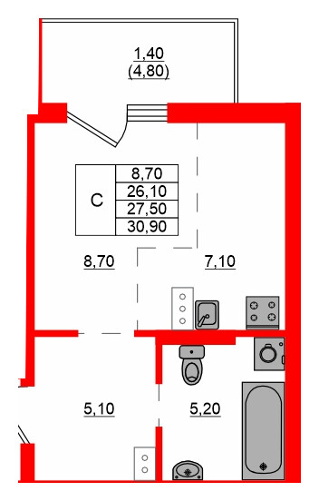 Квартира в ЖК Левада, студия, 27.5 м², 2 этаж