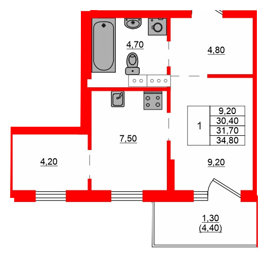 Квартира в ЖК Левада, 1 комнатная, 31.7 м², 8 этаж