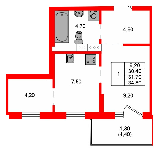 Квартира в ЖК Левада, 1 комнатная, 31.7 м², 9 этаж