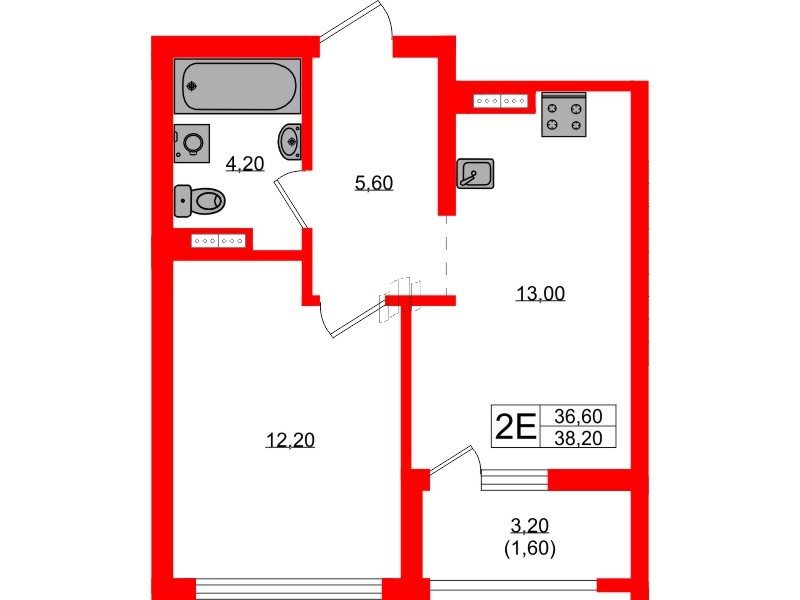 Квартира в ЖК Гагарина 30, 1 комнатная, 36.6 м², 6 этаж