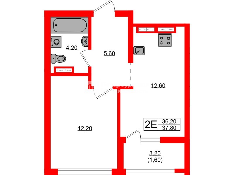 Квартира в ЖК Гагарина 30, 1 комнатная, 36.2 м², 14 этаж