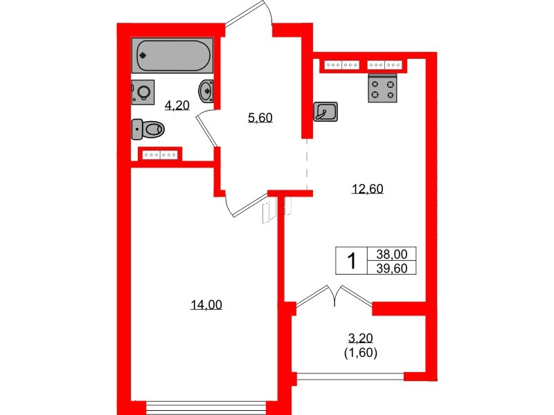 Квартира в ЖК Гагарина 30, 1 комнатная, 38 м², 18 этаж