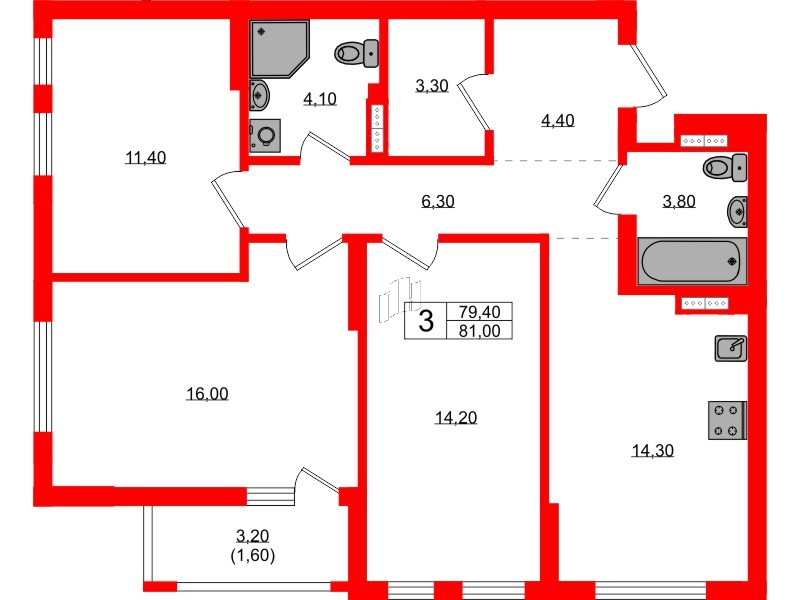 Квартира в ЖК Гагарина 30, 3 комнатная, 79.4 м², 5 этаж
