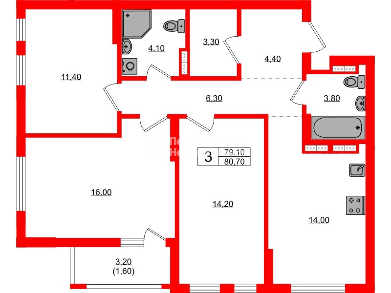 Квартира в ЖК Гагарина 30, 3 комнатная, 79.1 м², 13 этаж