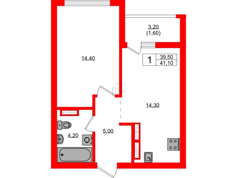 Квартира в ЖК Гагарина 30, 1 комнатная, 39.5 м², 17 этаж