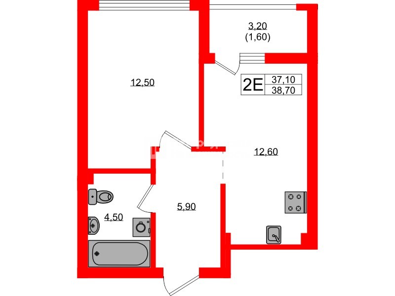 Квартира в ЖК Гагарина 30, 1 комнатная, 37.1 м², 2 этаж
