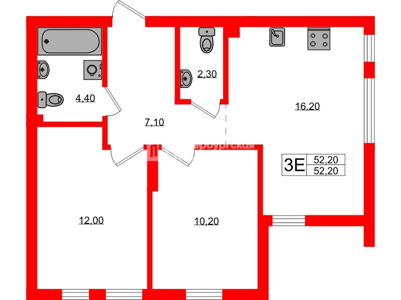 Квартира в ЖК Гагарина 30, 2 комнатная, 52.2 м², 2 этаж