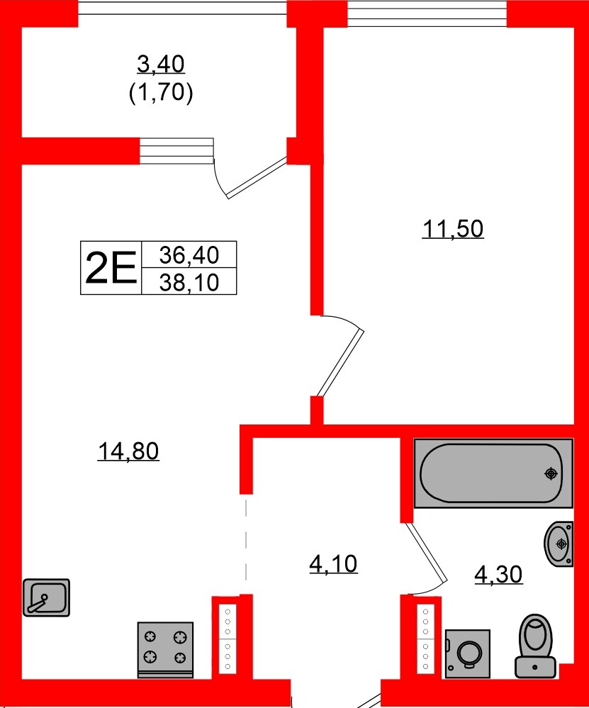 Квартира в ЖК Гагарина 30, 1 комнатная, 36.4 м², 3 этаж