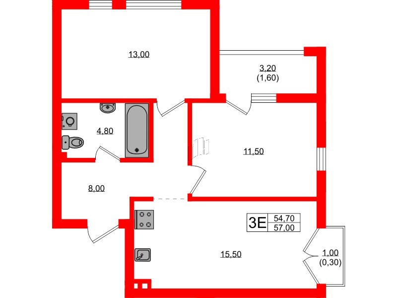 Квартира в ЖК Гагарина 30, 2 комнатная, 54.7 м², 2 этаж