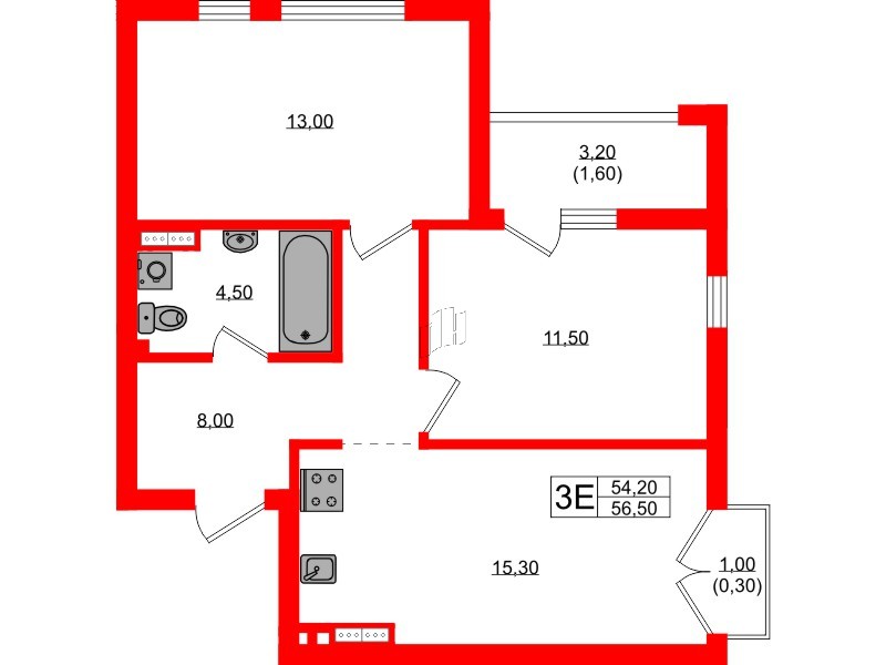 Квартира в ЖК Гагарина 30, 2 комнатная, 54.2 м², 8 этаж