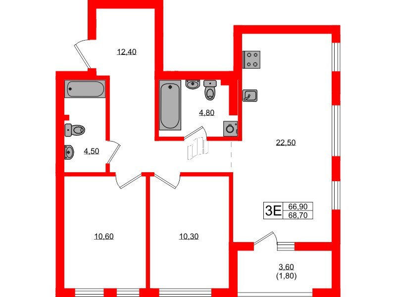 Квартира в ЖК Гагарина 30, 2 комнатная, 66.9 м², 1 этаж