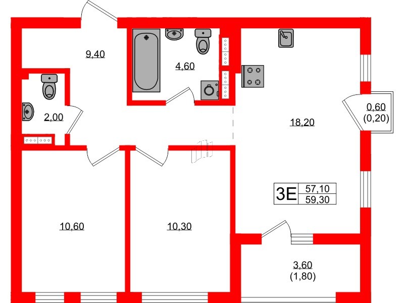 Квартира в ЖК Гагарина 30, 2 комнатная, 57.1 м², 4 этаж