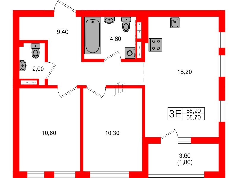 Квартира в ЖК Гагарина 30, 2 комнатная, 56.9 м², 6 этаж