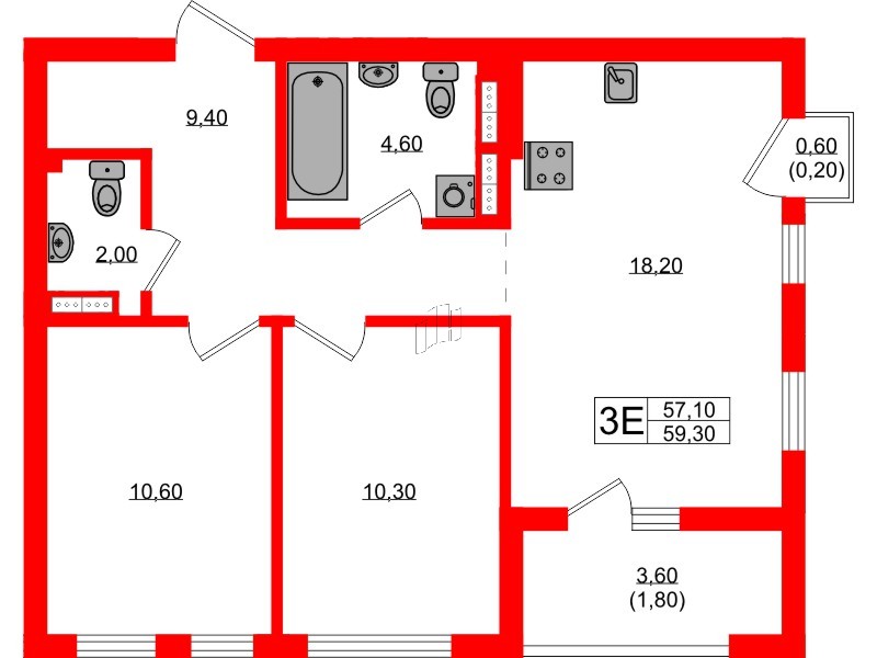 Квартира в ЖК Гагарина 30, 2 комнатная, 57.1 м², 8 этаж