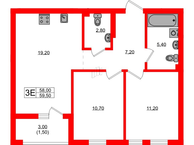 Квартира в ЖК Гагарина 30, 2 комнатная, 58 м², 1 этаж