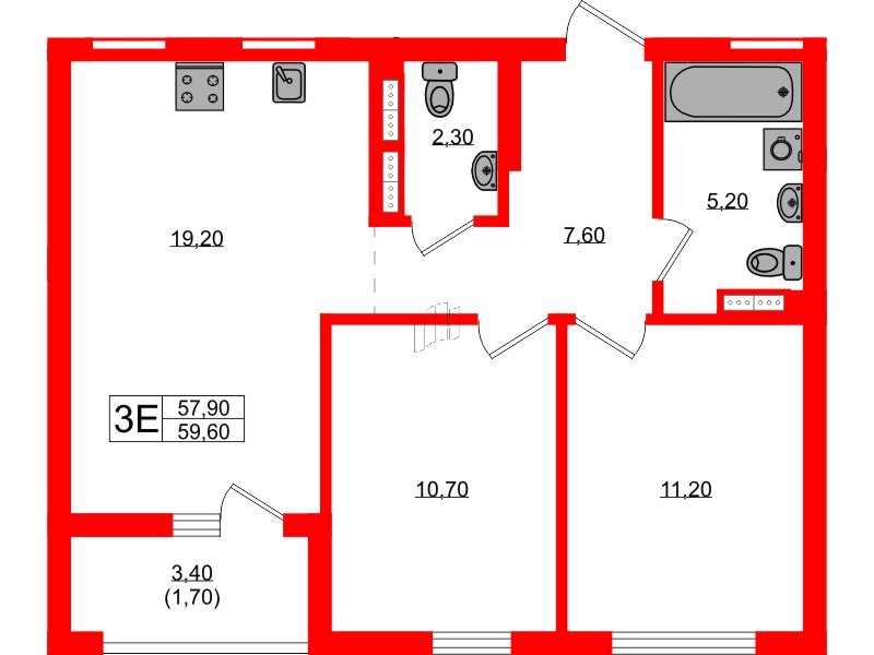 Квартира в ЖК Гагарина 30, 2 комнатная, 57.9 м², 4 этаж