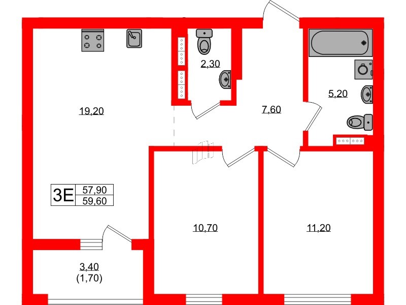 Квартира в ЖК Гагарина 30, 2 комнатная, 57.9 м², 6 этаж