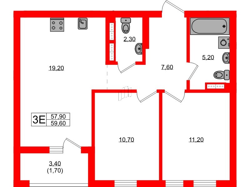 Квартира в ЖК Гагарина 30, 2 комнатная, 57.9 м², 7 этаж