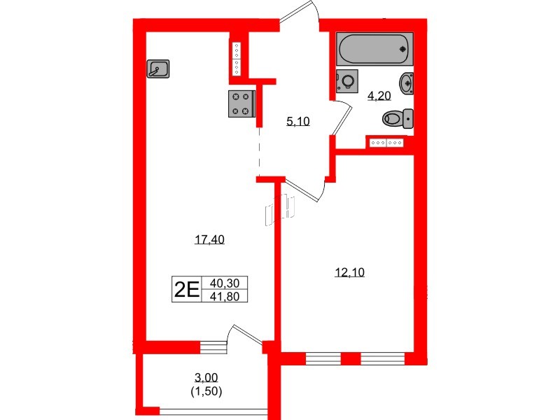 Квартира в ЖК Гагарина 30, 1 комнатная, 40.3 м², 2 этаж