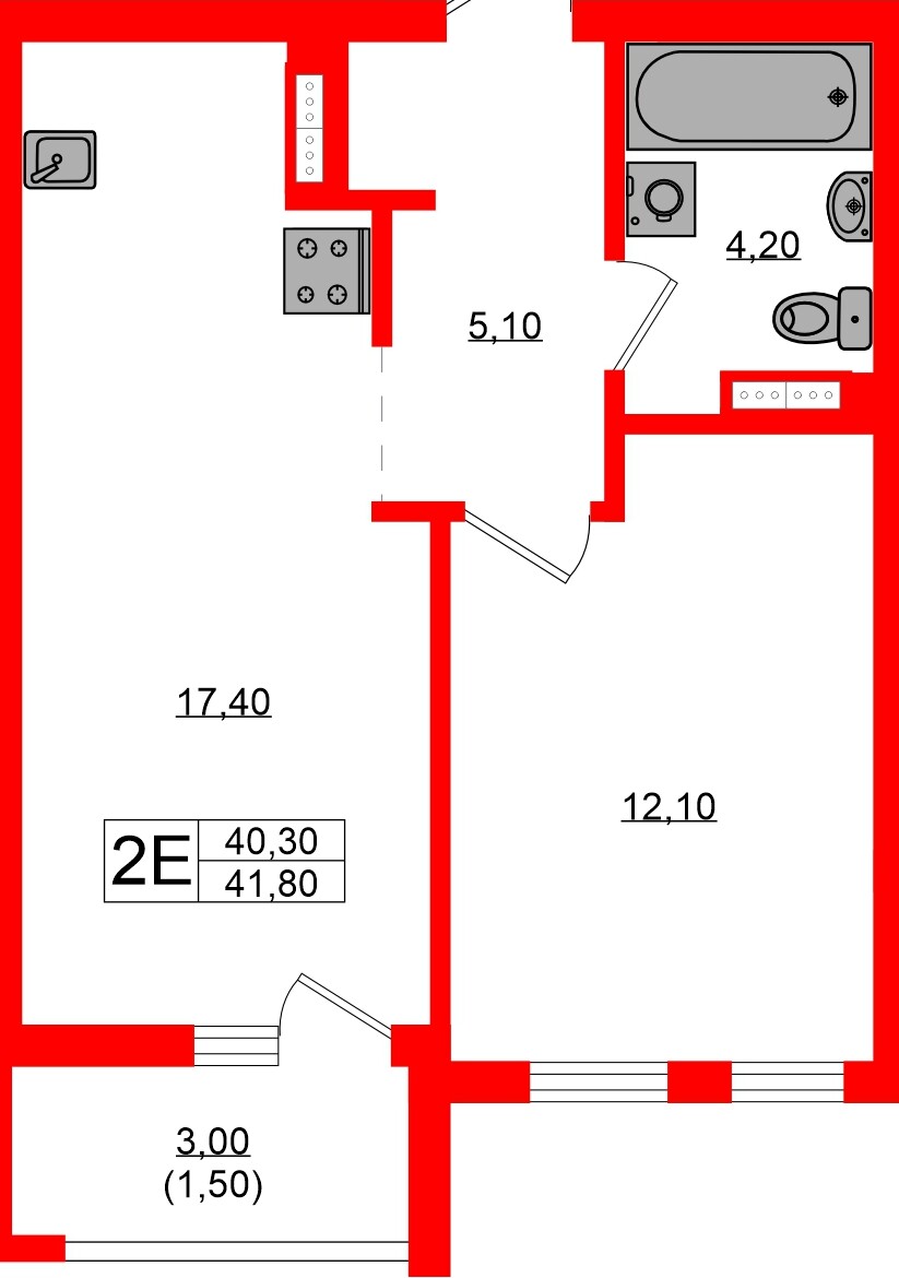 Квартира в ЖК Гагарина 30, 1 комнатная, 40.3 м², 3 этаж