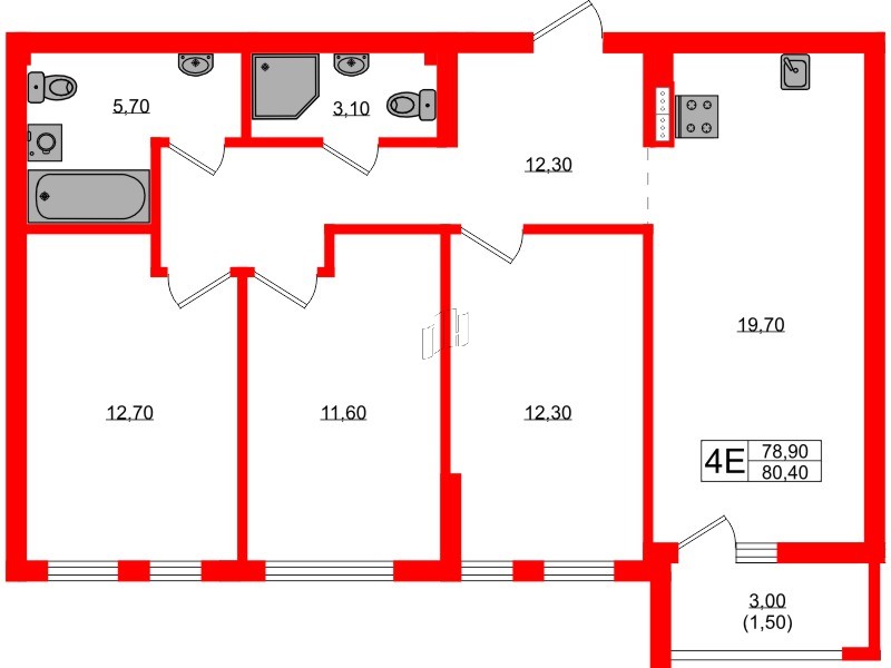Квартира в ЖК Гагарина 30, 3 комнатная, 78.9 м², 2 этаж